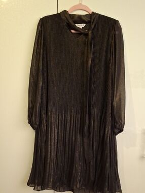 Metallic Black Pleated Long-Sleeve Tie-Neck Dress